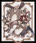  absol black_border border bow bowtie claws flower forehead_jewel hair_flower hair_ornament highres horns mane picture_frame pokemon pokemon_(creature) red_bow red_bowtie red_eyes reo_(mmocc123) single_horn upside-down white_background white_flower white_fur 