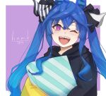  1girl ;d @_@ animal_ears artist_name blue_hair border bow box casual crossed_bangs gift gift_box hair_between_eyes hair_bow highres hnmk5874 holding holding_gift hood hoodie horse_ears horse_girl long_hair long_sleeves looking_at_viewer multicolored_clothes multicolored_hoodie official_alternate_costume one_eye_closed open_mouth outside_border purple_background purple_eyes sharp_teeth sidelocks smile solo striped striped_bow teeth twin_turbo_(umamusume) twintails umamusume upper_body upper_teeth_only v-shaped_eyebrows white_border 