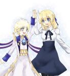  1boy 1girl alternate_hair_color artoria_pendragon_(fate) black_pantyhose blonde_hair blue_eyes blue_ribbon blue_sky blush braid coat collared_shirt cosplay fate/grand_order fate_(series) french_braid fujimaru_ritsuka_(female) fujimaru_ritsuka_(female)_(anniversary_blonde) hair_ribbon high-waist_skirt high_five long_sleeves looking_at_another neck_ribbon open_mouth pantyhose ribbon saber saber_(cosplay) shirt short_hair skirt sky smile voyager_(fate) voyager_(second_ascension)_(fate) white_background white_coat white_shirt yamuimo 
