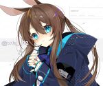  1girl amiya_(arknights) animal_ears arknights artist_name blue_eyes blue_jacket blush brown_hair closed_mouth commentary_request hair_between_eyes itsuki_02 jacket jewelry long_hair long_sleeves multiple_rings nose_blush ponytail rabbit_ears rabbit_girl ring sidelocks solo twitter_username upper_body 
