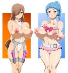  2girls ange_serena blue_eyes blue_hair blush breasts brown_hair cameltoe curly_hair dildo drill_hair garter_straps green_eyes hair_over_one_eye high_ponytail hokuto_(tokuho) huge_breasts long_hair looking_at_viewer multiple_girls ponytail pussy revealing_clothes sex_toy swimsuit tales_of_(series) tales_of_innocence tales_of_the_abyss tear_grants 