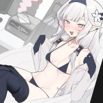  1girl bare_shoulders bikini black_bikini black_gloves black_pantyhose blue_archive blurry blurry_background blush breasts breasts_apart clothes_pull coat collarbone ear_piercing fataaa flower gloves grey_hair groin hair_flower hair_ornament hair_tubes hairband halterneck himari_(blue_archive) long_hair navel open_clothes open_coat open_mouth pantyhose pantyhose_pull piercing pink_eyes pointy_ears sidelocks sitting small_breasts solo sweat swimsuit undressing unfinished 