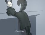  2023 anthro arched_back artist_name bent_over biped butt canid canine clothing digital_media_(artwork) discreet_user dress everly_(discreet_user) female fox fur furgonomics grey_body grey_clothing grey_dress grey_fur hair hi_res mammal raised_tail simple_background solo tail white_hair 