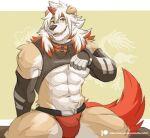  abs absurd_res anthro arknights bulge canid canine canis clothed clothing domestic_dog fur hair hi_res horn hung_(arknights) hypergryph lofnirv male mammal multicolored_hair muscular muscular_anthro muscular_male simple_background smile solo studio_montagne tail tan_body tan_fur teeth underwear white_body white_fur white_hair 