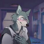  5_fingers anthro beastars blurred_background blush bodily_fluids canid canine canis ceiling_lights cheek_tuft claws clothing detailed_background digital_media_(artwork) door dormitory facial_tuft finger_claws fingers fur grey_body grey_fur hi_res inside kaptainrex ladder legoshi_(beastars) looking_at_viewer male mammal multicolored_body multicolored_fur necktie school_uniform signature solo sweat sweatdrop tuft two_tone_body two_tone_fur undressing uniform window wolf 
