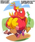  2023 anthro avian banjo-kazooie banjo_(banjo-kazooie) barefoot beak bear belly big_belly big_butt bird bodily_fluids bottomwear burger butt carrying carrying_another carrying_partner cheek_bulge claws clothed clothed/nude clothed_male_nude_female clothing dialogue duo feathers feet female food hand_on_butt holding_burger holding_food holding_object kazooie male mammal nude nude_female obese obese_anthro obese_female open_mouth overweight overweight_anthro overweight_female paws rareware rumbling_stomach sharkvore shirtless shirtless_anthro shirtless_male shorts sitting sitting_on_another sweat tail_feathers text tongue tongue_out 