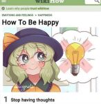  1girl black_headwear bright_pupils closed_mouth commentary daisymels english_text green_eyes green_hair hat hat_ribbon how_to_be_happy_(meme) komeiji_koishi light_bulb looking_to_the_side medium_hair meme parody ribbon signature smile solo touhou upper_body white_pupils wikihow yellow_ribbon 