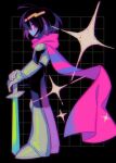  1other ahoge armor artist_name black_background black_hair blue_skin breastplate chromatic_aberration colored_skin deltarune expressionless film_grain full_body gauntlets grid_background hands_on_hilt highres holding holding_weapon kris_(deltarune) leg_armor long_legs long_scarf menma_(enaic31) no_mouth other_focus pink_eyes pink_scarf planted planted_sword scarf short_hair shoulder_armor simple_background solo sparkle standing sword twitter_username weapon 