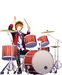  1boy black_footwear black_headband bracelet buttons collared_shirt drum drum_set drumsticks hair_between_eyes headband highres holding holding_drumsticks idolmaster idolmaster_side-m idolmaster_side-m_growing_stars instrument jewelry looking_at_viewer male_focus official_art orange_hair pants shirt shoelaces shoes sitting solo teeth transparent_background wakazato_haruna white_shirt 