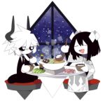  1boy 1girl androgynous black_hair black_necktie black_sclera cabbage cape chopsticks closed_eyes colored_sclera cooking cooking_pot demon_boy diamond_(shape) etihw_(haiiro_teien) food funamusea grey_cape haiiro_teien hair_ornament holding holding_chopsticks holding_ladle horns hotpot kcalb_(haiiro_teien) ladle long_sleeves looking_at_another meat mogeko_(okegom) necktie pale_skin short_hair smile soy_sauce stew stove suit tofu vegetable white_hair window 