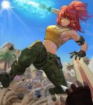  1girl 2boys absurdres blue_sky boots camouflage cargo_pants clark_still combat_boots crop_top dark_persona desert dog_tags earrings gloves highres jewelry leona_heidern multiple_boys orochi_leona palm_tree pants ponytail ralf_jones red_eyes red_hair sky soldier tank_top the_king_of_fighters the_king_of_fighters_xv tree triangle_earrings yellow_tank_top 