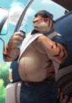  2023 anthro belly bodily_fluids bottomwear car clothed clothing clothing_lift detailed_background felid hi_res humanoid_hands kemono kotori male mammal moobs navel outside pantherine pants shirt shirt_lift slightly_chubby solo sweat tiger tiger_deliveryman topwear vehicle 