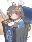  1girl ahoge animal_ears arrow_(symbol) bento black_gloves black_hair blue_archive blue_shirt blush chopsticks closed_mouth commentary_request fake_animal_ears food gloves green_neckerchief grey_halo gun halo headgear highres holding holding_bento holding_chopsticks holding_food in_trash_can leaf leaf_on_head long_hair long_sleeves looking_at_viewer miya_kazutomo miyu_(blue_archive) neckerchief rabbit_ears recycling_symbol red_eyes rice rifle sailor_collar sailor_shirt shirt solo sweatdrop trash_can weapon white_sailor_collar 