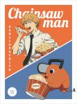  1boy animal black_necktie blonde_hair chainsaw chainsaw_man character_name collared_shirt copyright_name creature crumbs denji_(chainsaw_man) drink eating food holding holding_drink holding_food hot_dog looking_at_viewer necktie official_art pochita_(chainsaw_man) popcorn pull_cord red_eyes shirt sleeves_rolled_up white_shirt 