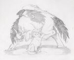  2022 ambiguous_gender duo ears_down equid equine eyelashes feathered_wings feathers federalchemical1728 feral fluffy_pony fluffy_pony_(species) fur graphite_(artwork) greyscale hooves horn insane licking licking_lips licking_own_lips looking_at_another mammal mane monochrome notched_ear pencil_(artwork) pivoted_ears ringed_eyes scared shaking simple_background sitting size_difference sketch standing tail tongue tongue_out traditional_media_(artwork) trembling unguligrade unicorn white_background winged_unicorn wings 