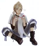  1boy absurdres aged_down animal black_undershirt blonde_hair blue_eyes blue_shorts boots cat closed_mouth cloud_strife commentary_request final_fantasy final_fantasy_vii final_fantasy_vii_remake full_body heart highres holding holding_animal knee_boots light_blush lips looking_at_viewer low_ponytail maru_(ff7) neck_ribbon red_ribbon ribbon shirt short_hair_with_long_locks short_sleeves shorts sitting spiked_hair swept_bangs tori_(labyrinth_fft) white_background white_cat white_shirt 