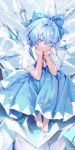  1girl artist_name barefoot blue_bow blue_dress blue_eyes blue_hair bow cirno closed_mouth collared_shirt dress fairy hair_between_eyes hair_bow haruri highres ice ice_wings puffy_short_sleeves puffy_sleeves shirt short_hair short_sleeves signature smile solo touhou white_shirt wings 
