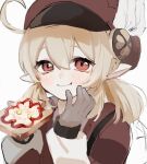 1girl :t ahoge blonde_hair blush brown_gloves cabbie_hat closed_mouth coat commentary eating fish-flavored_toast_(genshin_impact) food genshin_impact gloves hair_between_eyes hat hat_feather highres hnnoo klee_(genshin_impact) long_sleeves looking_at_viewer low_twintails pointy_ears portrait red_coat red_eyes red_headwear simple_background smile solo toast twintails white_background 
