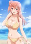  1girl :d arm_at_side arms_up beach bikini blue_sky blush breasts cleavage cloud collarbone commentary_request dars_(recolors) day hair_between_eyes hair_bun halterneck hand_up highres horizon large_breasts long_hair looking_at_viewer navel o-ring o-ring_top ocean open_mouth outdoors pink_eyes pink_hair scrunchie side-tie_bikini_bottom single_hair_bun sky smile solo standing stomach sunlight swimsuit teeth upper_teeth_only wrist_scrunchie yahari_ore_no_seishun_lovecome_wa_machigatteiru. yellow_bikini yuigahama_yui 