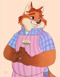  2023 absurd_res anthro apron belly bottomwear canid canine clothing disney fox gideon_grey hi_res humanoid_hands male mammal orange_body pants shirt simple_background slightly_chubby solo toicobis topwear zootopia 