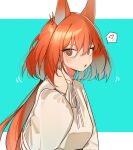  1girl :o ? alternate_costume animal_ears aqua_background arknights blush casual earrings extra_ears flametail_(arknights) highres jewelry long_hair long_sleeves looking_at_viewer looking_back low_ponytail open_clothes open_mouth orange_eyes orange_hair red_eyes red_hair shirt signal_1120 solo speech_bubble spoken_question_mark squirrel_ears upper_body very_long_hair white_shirt 
