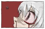  1other ambiguous_gender blood blood_from_eyes bloodshot_eyes border brown_eyes bug close-up eye_focus fly from_side looking_at_animal nervous_sweating nosebleed open_mouth original red_background simple_background sweat umi_ha_kirai white_border white_hair wide-eyed 
