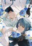  2boys bandages black_gloves black_shirt blue_bow blue_eyes blue_flower blue_hair blue_jacket border bow chongyun_(genshin_impact) closed_mouth floral_background flower frills genshin_impact gloves grey_background hair_between_eyes hand_up hands_up highres jacket leaf long_sleeves looking_at_another looking_at_viewer looking_down lying male_focus mandarin_collar multiple_boys on_back on_side one_eye_closed outside_border petals shadow shirt short_hair short_sleeves smile teeth vest white_border white_vest wide_sleeves xingqiu_(genshin_impact) yellow_eyes yellow_flower yui_4293 