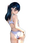  1girl absurdres ass black_hair brown_eyes competition_swimsuit cowboy_shot emutsuichi from_behind highres holding holding_hair long_hair looking_at_viewer looking_back one-piece_swimsuit original simple_background solo swimsuit thigh_gap white_background white_swimsuit 