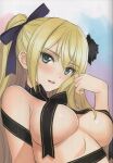  1girl absurdres bare_shoulders blonde_hair blush bow breasts green_eyes hair_bow hair_ornament hand_up highres jin-lian long_hair looking_at_viewer medium_breasts open_mouth original scan shiny_skin simple_background smile solo tony_taka upper_body 