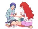  2girls :d alternate_costume alternate_hairstyle black_shorts blue_eyes blue_hair blue_shirt blue_socks box full_body gundam gundam_suisei_no_majo long_hair looking_down multiple_girls nail_polish nail_polish_bottle nail_polish_brush nika_nanaura open_mouth painting_nails pink_shorts red_hair shirt short_hair shorts simple_background sitting smile socks sparkle suiseikaro suletta_mercury t-shirt tissue_box wariza white_background white_shirt yellow_socks 