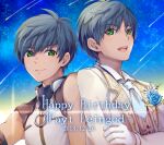  1boy blue_flower blue_hair closed_mouth crossed_arms dated detached_sleeves english_text fayt_leingod flower fujishino_shikino gloves green_eyes groom happy_birthday looking_at_viewer male_focus multiple_boys necktie official_alternate_costume open_mouth shooting_star short_hair sky sleeveless smile star_(sky) star_ocean star_ocean_anamnesis star_ocean_till_the_end_of_time starry_sky suit white_gloves white_necktie white_suit 