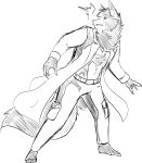  2021 anthro bow_(bowhuskers) canid canine canis claws clothing coat drdeadman greyscale hi_res male mammal monochrome simple_background sketch solo surprised_expression topwear white_background wolf 