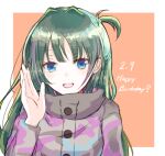  1girl :d blue_eyes border camouflage camouflage_jacket green_hair grey_jacket hand_up happy_birthday idoly_pride jacket komiyama_ai long_hair long_sleeves looking_at_viewer multicolored_hair one_side_up open_hand open_mouth orange_background outside_border pink_hair sakaki_ip simple_background smile solo straight-on straight_hair streaked_hair upper_body white_border 