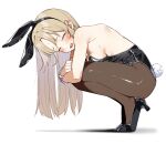  1girl animal_ears armpit_crease black_footwear black_leotard black_pantyhose blonde_hair blush breast_press breasts bunny_day closed_eyes commentary embarrassed fake_animal_ears from_side high_heels highres hugging_own_legs leotard long_hair medium_breasts mm_(mm_chair) nijisanji pantyhose parted_bangs playboy_bunny rabbit_ears rabbit_tail shadow sideboob simple_background sister_cleaire smile solo squatting sweatdrop tail tiptoes virtual_youtuber white_background wrist_cuffs 
