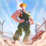  american_flag barbed_wire blue_sky boombox camouflage camouflage_pants fence guile highres impossible_hair muscular muscular_male pants sky street_fighter tank_top tattoo 