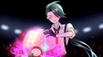  1girl ahoge black_gloves black_necktie blurry blurry_background closed_eyes closed_mouth collared_shirt commentary_request dynamax_ball earrings gloves glowing green_hair holding holding_poke_ball jewelry kana_(kanna_runa0620) long_hair necktie poke_ball pokemon pokemon_(game) pokemon_sv ponytail rika_(pokemon) shirt sleeves_rolled_up solo suspenders throwing white_shirt 