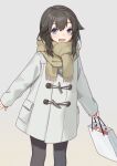  1girl bag black_hair black_pantyhose blush coat feet_out_of_frame fringe_trim grey_eyes grey_scarf hair_between_eyes hayasui_(kancolle) holding holding_bag kantai_collection long_sleeves mitsuyo_(mituyo324) open_mouth pantyhose scarf shopping_bag short_hair solo white_coat 