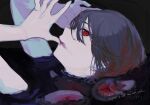  1girl commentary_request grey_hair hair_between_eyes highres kajiwara_3 licking licking_finger looking_at_viewer original partially_submerged profile red_eyes short_hair signature solo 
