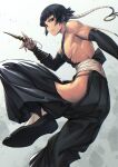 1girl backless_outfit black_eyes black_footwear black_hair bleach breasts highres hip_vent looking_at_viewer mikel_(4hands) muscular muscular_female sideboob sideless_outfit small_breasts solo sui-feng 