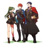  1girl 2boys alternate_costume aqua_cape armored_boots black_footwear black_gloves black_pants blue_cape blue_eyes blue_hair boots brown_footwear cape closed_eyes commentary_request eliwood_(fire_emblem) fingerless_gloves fire_emblem fire_emblem:_the_blazing_blade fire_emblem:_three_houses garreg_mach_monastery_uniform gauntlets gloves green_eyes green_hair grin hair_tie hector_(fire_emblem) high_heels highres kori_kms long_hair long_sleeves lyn_(fire_emblem) multicolored_hair multiple_boys open_mouth pants ponytail red_cape red_hair short_hair smile uniform white_background 