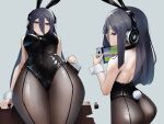  1girl absurdres animal_ear_headwear animal_ears black_hair black_leotard black_pantyhose blush breasts choker covered_navel detached_collar exia_(nikke) fake_animal_ears fishnet_pantyhose fishnets gloomyowl goddess_of_victory:_nikke handheld_game_console headphones highleg highleg_leotard highres holding holding_handheld_game_console leaning_back leotard long_hair medium_breasts multiple_views pantyhose playboy_bunny rabbit_ears rabbit_tail solo strapless strapless_leotard sweat tail very_long_hair wrist_cuffs zoom_layer 