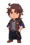  1boy belmond_banderas black_pants black_shirt brown_eyes brown_footwear brown_hair brown_vest chibi choco_(chocovix112) closed_mouth collared_shirt dress_shirt full_body grey_vest hair_over_shoulder hands_on_own_hips long_hair long_sleeves looking_at_viewer low_ponytail male_focus nijisanji pants parted_bangs ponytail shirt shoes simple_background smile solo standing striped striped_pants thick_eyebrows v-shaped_eyebrows vertical-striped_pants vertical_stripes vest virtual_youtuber white_background 