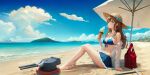  azur_lane bare_legs beach beach_umbrella bikini bikini_skirt blue_bikini blue_eyes blue_ribbon blush breasts brown_hair cannon cloud collarbone day food front-tie_bikini_top front-tie_top full_body hat hat_ribbon highres ice_cream ice_cream_cone legs long_hair looking_at_viewer medium_breasts military military_vehicle navel outdoors repulse_(azur_lane) ribbon ship sitting stomach straw_hat sun_hat sunlight swimsuit sword takemorikohoto thighs umbrella warship watercraft weapon 