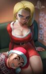  absurdres android_18 blonde_hair blue_eyes breasts christmas_sweater cleavage dragon_ball dragon_ball_super dragon_ball_z dress earrings elite_nappa hat highres jewelry kuririn lap_pillow large_breasts santa_dress santa_hat sitting smile watermark 