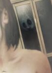  1girl 1other absurdres bathroom black_hair blurry close-up collarbone commentary depth_of_field fracoco frosted_glass highres horror_(theme) medium_hair original signature upper_body 