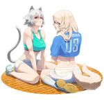  2girls animal_ears aqwariate bare_shoulders breasts cat_ears cat_girl cat_tail collarbone crop_top dog_ears dog_tail full_body grey_hair hair_between_eyes kneehighs large_breasts long_hair midriff multiple_girls muscular mushoku_tensei pursena_adoldia red_eyes rinia_dedoldia shirt shoes short_hair shorts sitting smile smirk socks tail thick_eyebrows thighs toned wariza white_background white_hair white_shorts 