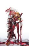  1girl absurdres blonde_hair blood blood_in_hair blood_on_face bodysuit breasts covered_collarbone eva_02 full_body hand_on_own_hip highres holding holding_polearm holding_weapon lance_of_longinus_(evangelion) legs_apart long_hair mass_production_eva neon_genesis_evangelion nosebleed open_mouth pilot_suit plugsuit polearm pool_of_blood red_eyes simple_background small_breasts solo souryuu_asuka_langley standing teeth tenshinhannnn tongue tongue_out turtleneck upper_teeth_only weapon white_background 