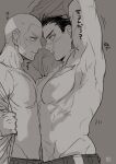  2boys abs bara bare_pectorals blush closed_mouth clothes_lift facial_hair golden_kamuy greyscale looking_at_another male_focus monochrome multiple_boys navel nipples onnomono open_clothes open_shirt pants pectorals scar scar_on_arm scar_on_cheek scar_on_face scar_on_mouth scar_on_nose shiraishi_yoshitake shirt_lift short_hair sideburns sugimoto_saichi translation_request undressing very_short_hair yaoi 