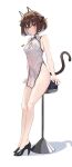  1girl absurdres animal_ears arm_support bare_arms bare_legs bare_shoulders black_footwear breasts brown_hair cat_ears cat_tail china_dress chinese_clothes cleavage cleavage_cutout clothing_cutout commission covered_navel covered_nipples dragon_print dress fake_animal_ears hairband high_heels highres inapple legs looking_at_viewer medium_breasts mole mole_on_breast mole_on_thigh mole_under_eye no_bra no_panties original parted_lips pelvic_curtain print_dress prunechi red_eyes second-party_source see-through short_dress short_hair sitting sleeveless sleeveless_dress solo stool tail thighs white_dress 