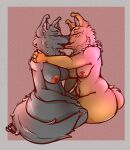  absurd_res anthro belly black_nose breast_squish breasts canid canine canis cheek_tuft chubby_anthro chubby_belly chubby_cheeks chubby_female domestic_dog duo duo_focus exposed_breasts eyes_closed facial_tuft female female/female fluffy fluffy_ears fluffy_tail fsdog fur grey_body grey_fur group hi_res kissing lying mammal navel neck_tuft nipples on_front pink_nipples sitting slightly_chubby squish tail tan_body tan_fur tuft wolf 